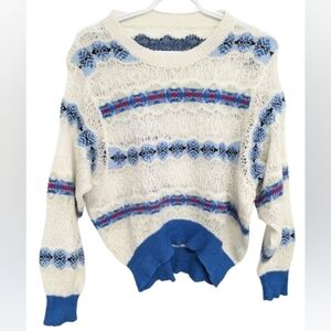 PUP.F Open-Knit Fair Isle Sweater Blue Cream Vintage Cottagecore Y2K